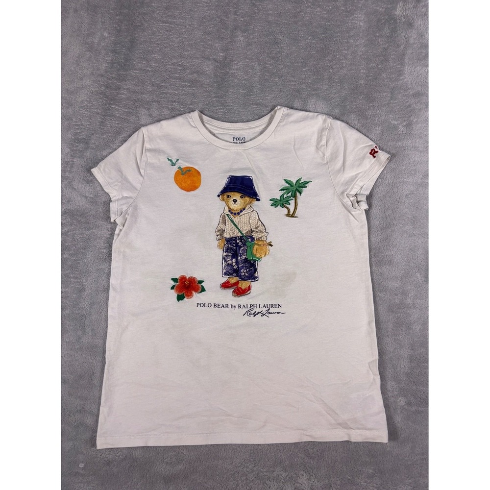 Polo Ralph Lauren Bear Tropical Beach Graphic T-Shirt Girls XL White Embroidered
